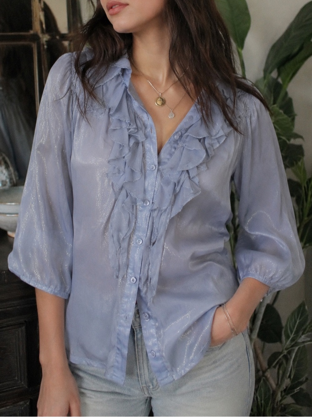 Chandelier Vintage Ruffle Blouse Small Sheer Shimmer Button Up Romantic Top